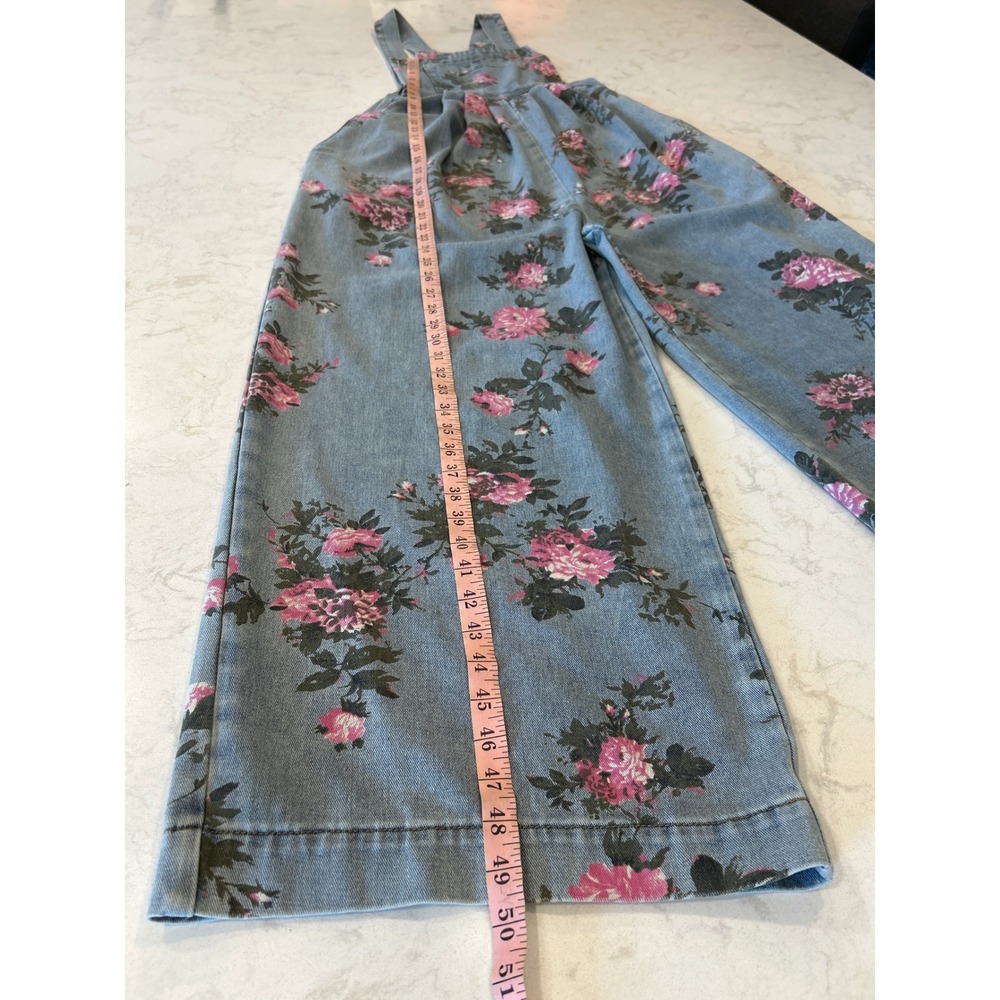 Floral Denim Overalls Wide Leg Pink Rose Print Blue Jean Jumpsuit Womens Medium - Picture 7 of 13